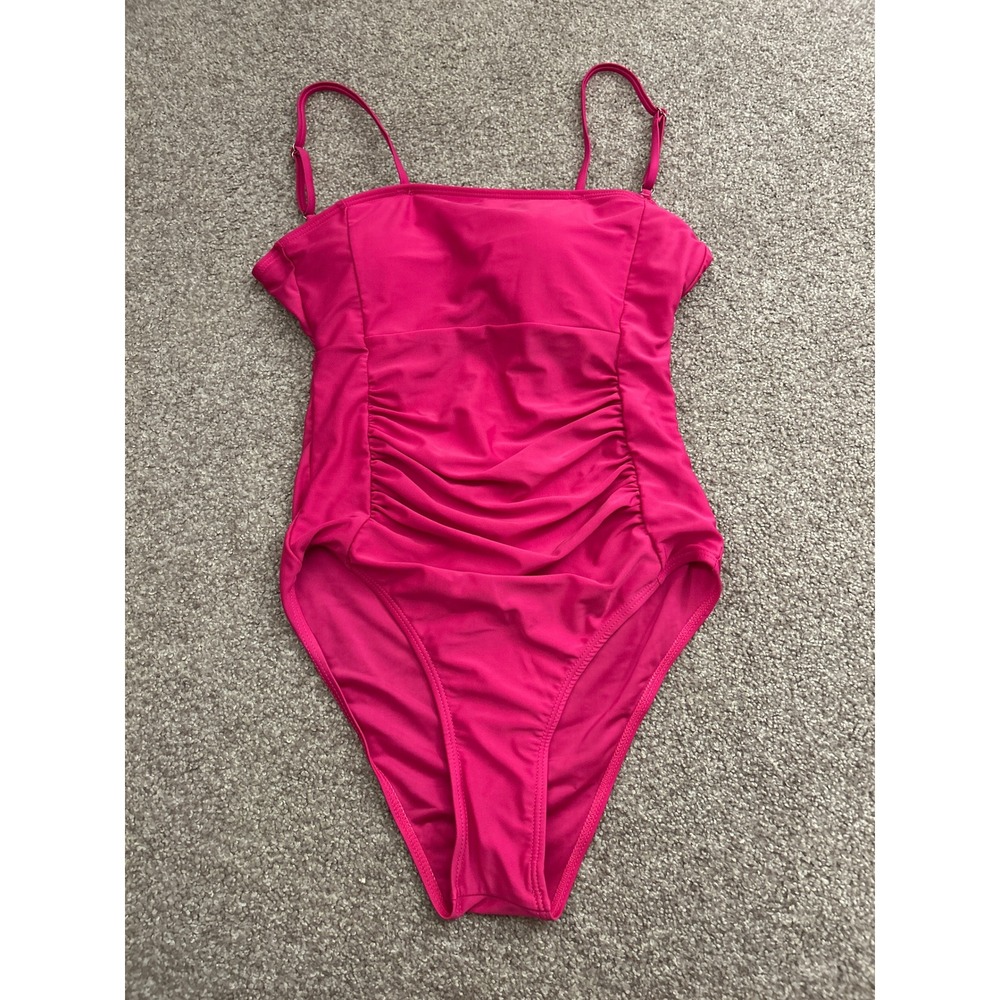 Vintage Ruched One Piece Swimsuit‎ Womens Medium Hot Pink Excellent Square Neck